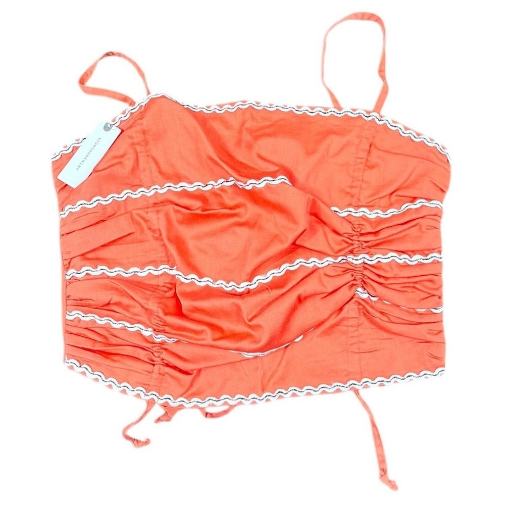 NWT Anthropologie Celandine Coral Lace Trim Ruched 100% Cotton Crop Top‎ M/L - Picture 2 of 7